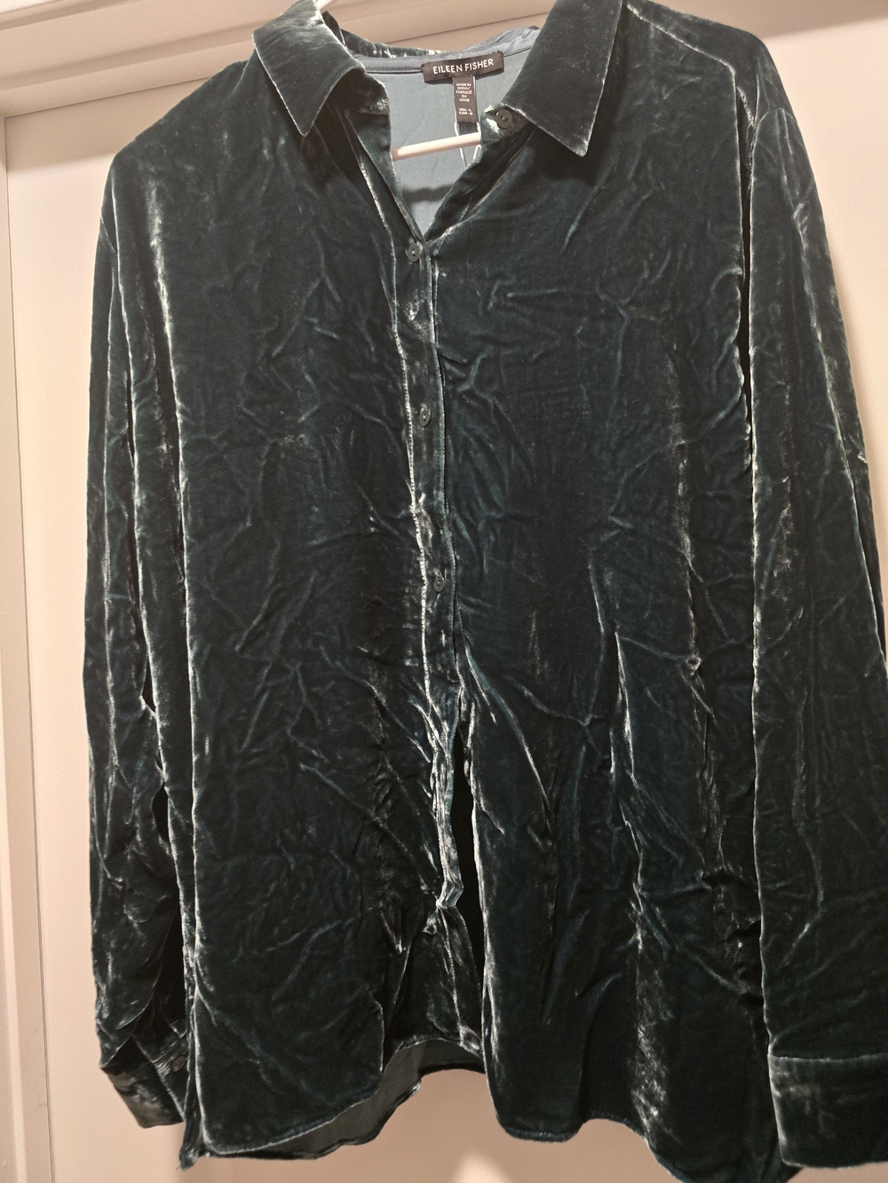NWT Eileen Fisher Silk Blend Velvet Classic Collar Shirt Top Green Teal Sz Large